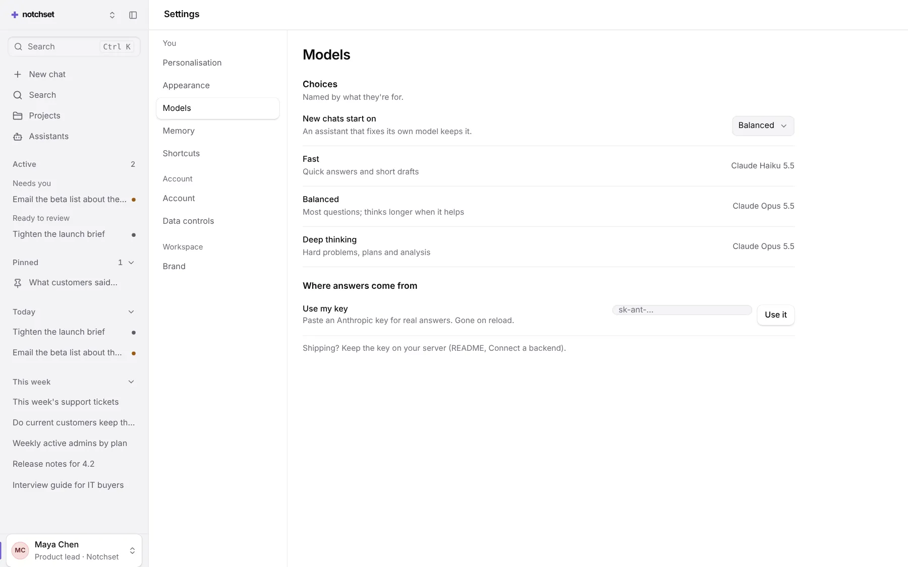 Assistant template: Settings, on a desktop