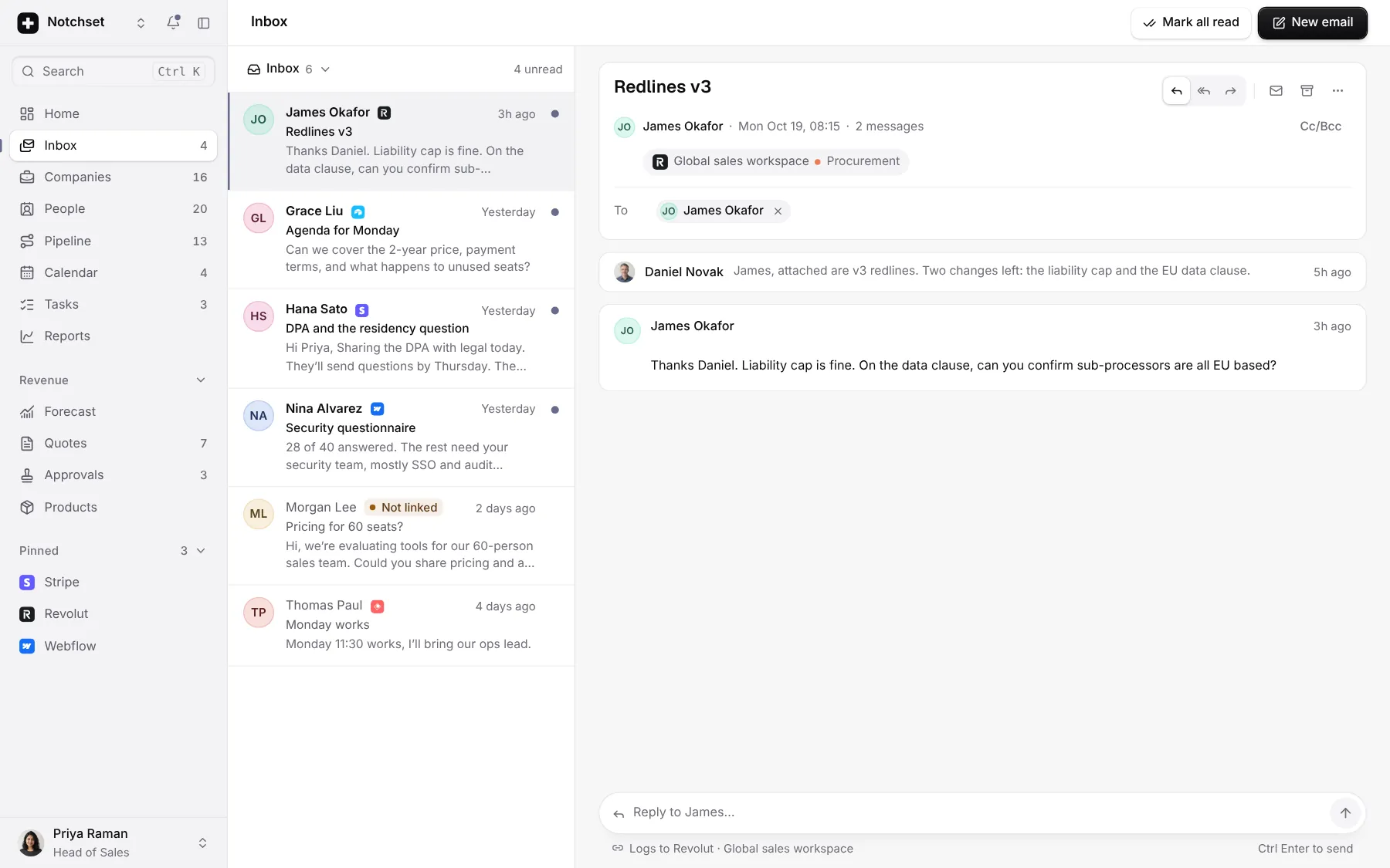 CRM template: Inbox, on a desktop
