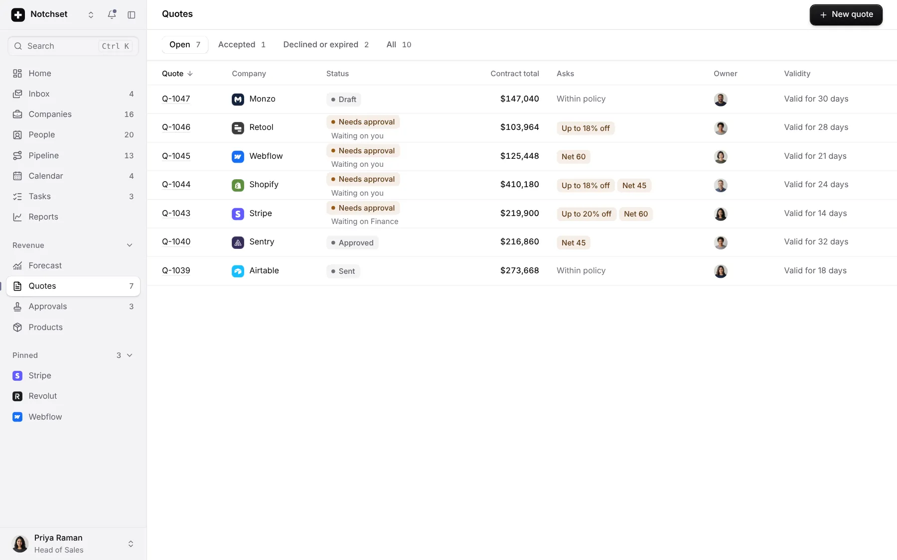 CRM template: Quotes, on a desktop
