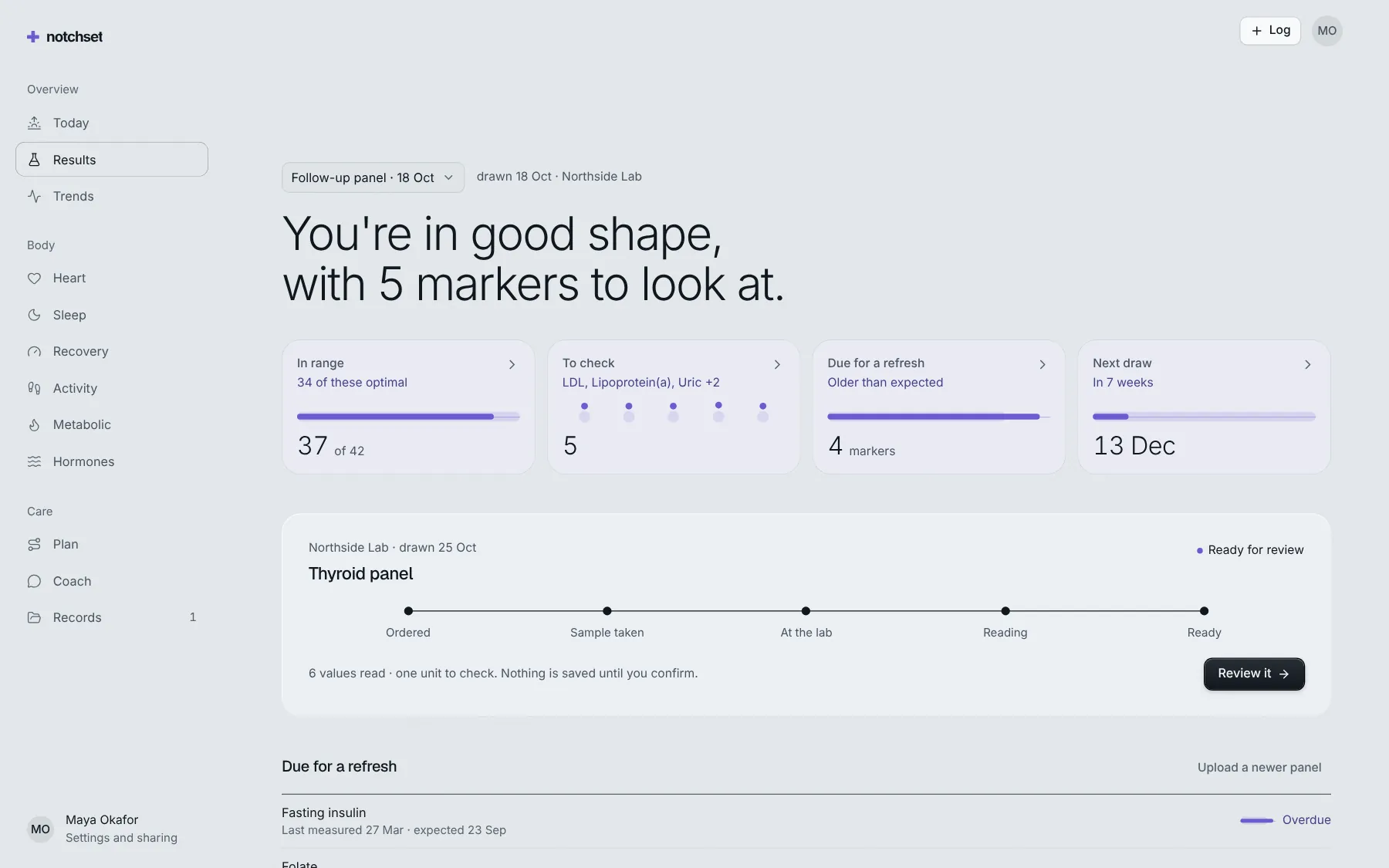 Health template: Results, on a desktop