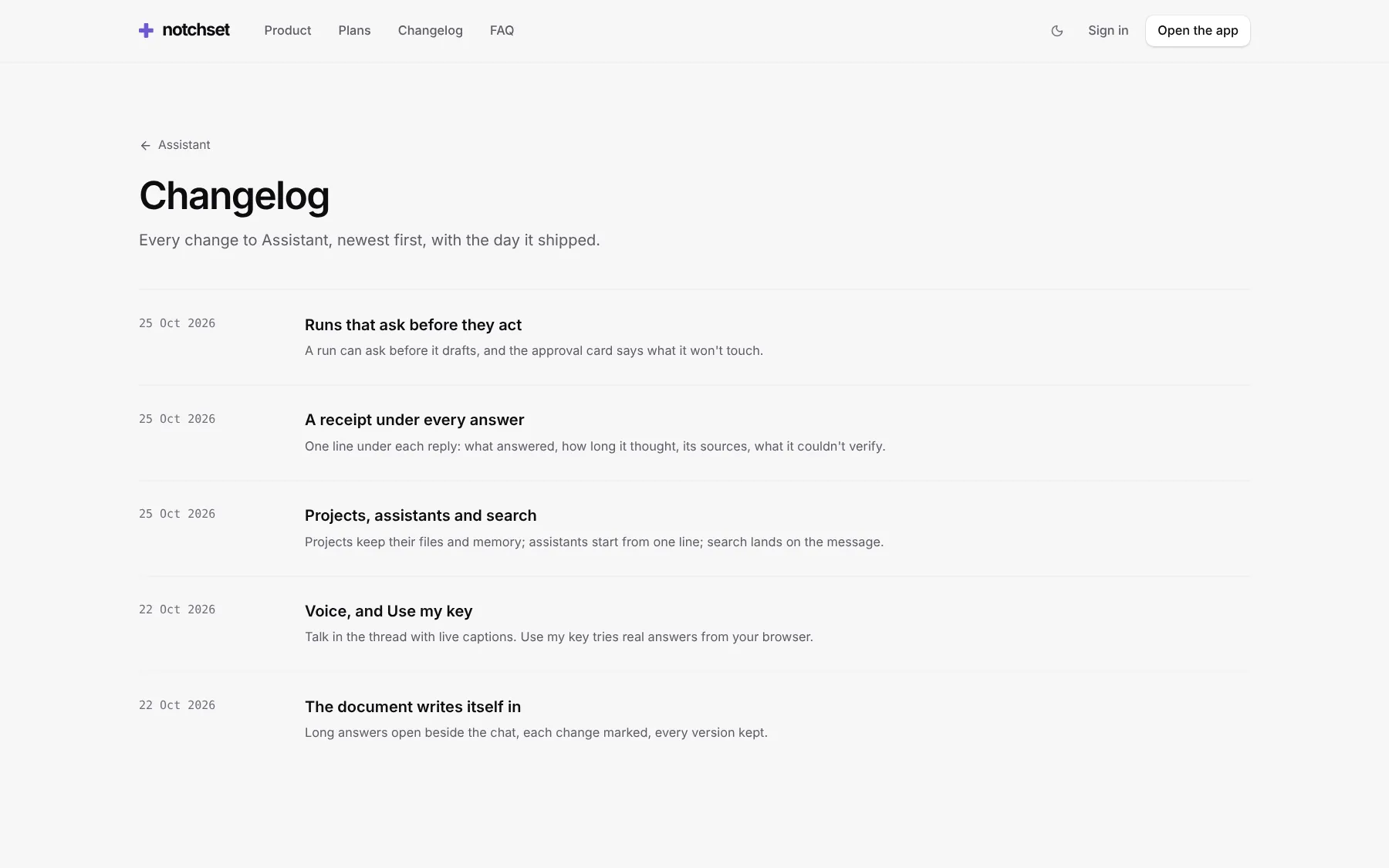 Launch template: Changelog, on a desktop