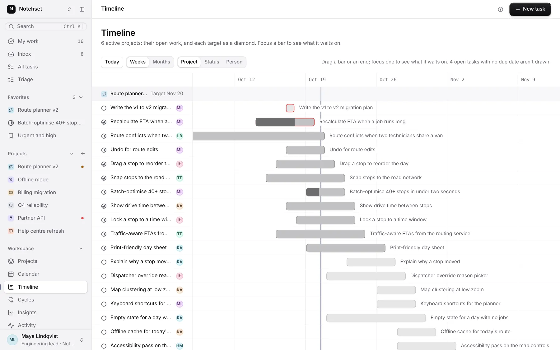 Task Management template: Timeline, on a desktop